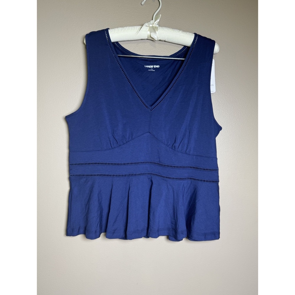 NWT Navy Blue Lands End Sleeveless Lattice Peplum Tank Top Size L